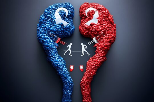 A visual representation of Marxâ€™s dialectical materialism, with symbols of conflict and progress