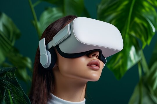 A virtual reality environment in calming ash green tones, promoting relaxation