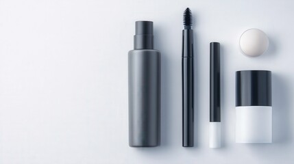 A collection of makeup items including a bottle of foundation, a brush