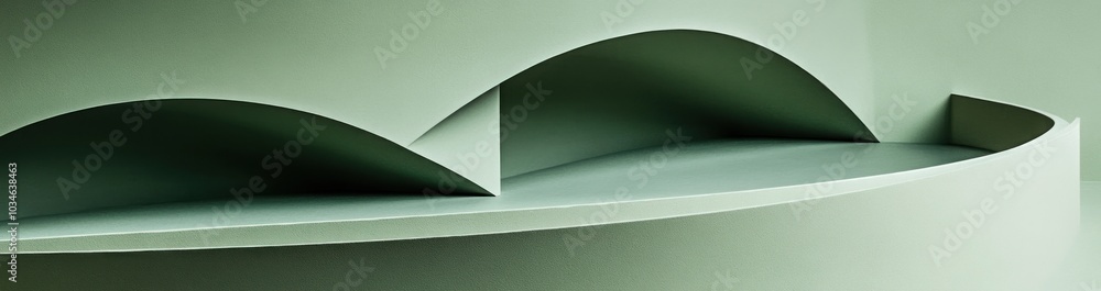 Poster abstract green curved shapes with negative space creating a unique design.