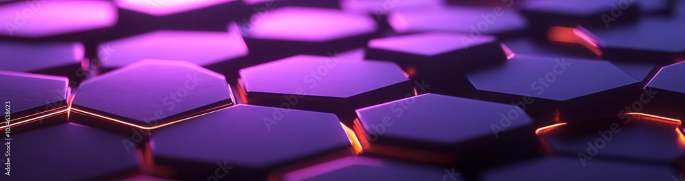 Poster abstract background of hexagonal shapes with purple and orange lighting.