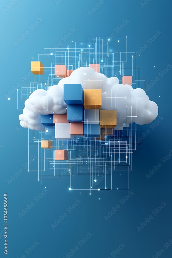 Poster this striking image portrays an abstract cloud intertwined with colorful geometric shapes and a netw