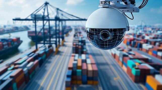 A high-tech security camera monitors activities at a busy shipping port, overseeing logistics and transportation of containers amidst a vibrant industrial backdrop.