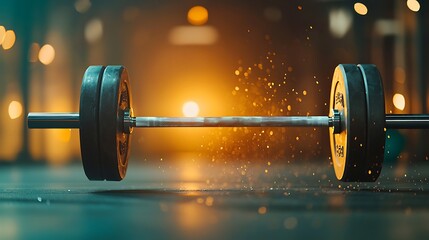 A barbell in motion with stunning lighting effects captures the essence of strength and fitness. Perfect for gym-related themes and promotions.