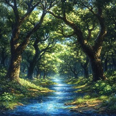 Naklejka premium Idyllic Forest Pathway with Lush Green Trees and Sunlit Stream in Tranquil Nature Setting Surrounded by Peaceful Woodland Scenery and Serene Natural Beauty
