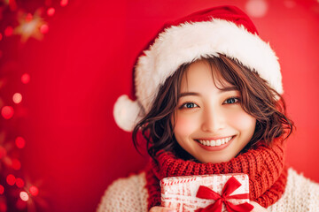 赤いマフラーと白いセーターを着てサンタの帽子をかぶった若い日本人女性とクリスマスプレゼント・ギフト(美人モデル)