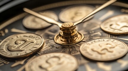 Face of a clock with numbers replaced by coins, time hands pointing upwards, symbolizing time is money and financial growth, no text or logos
