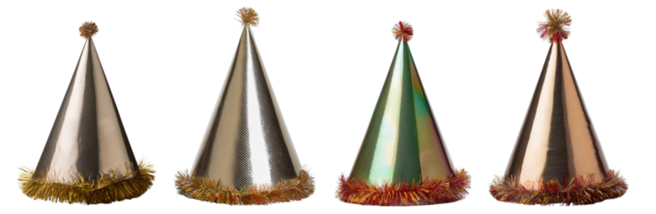 Colorful party hats for festive celebrations, white isolated background.