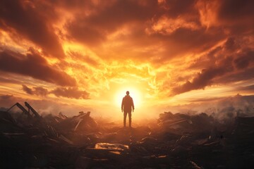 Fototapeta premium Resolute Figure Stands Amidst Ethereal Ruins Inspired by Triumph Over Adversity
