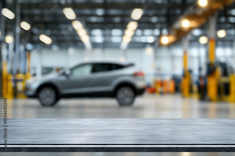 Poster blurred car garage backdrop with empty metallic table for product showcase