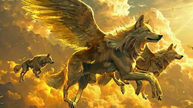 Golden Winged Wolves Run in the Sky