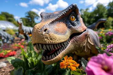 The garden area of the Creation Museum, featuring dinosaurs and life-sized statues surrounded by...