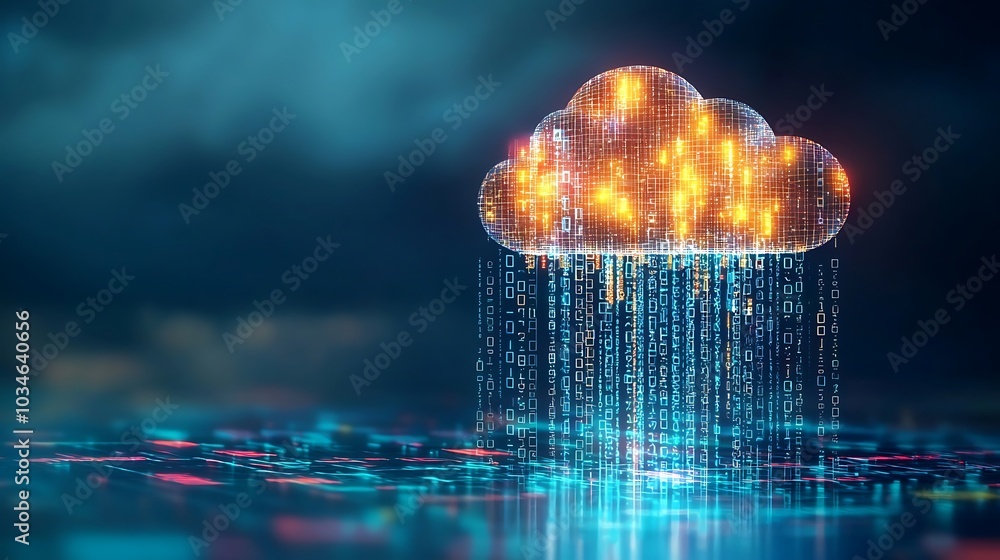 Poster a visually striking digital representation of a cloud emitting a rain of binary data, featuring vibr