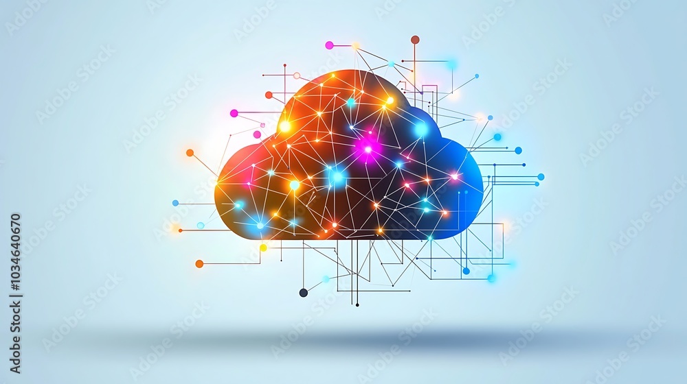 Poster Vibrant illustration of a cloud connected by glowing nodes, symbolizing digital technology and data networks, perfect for tech-related projects.