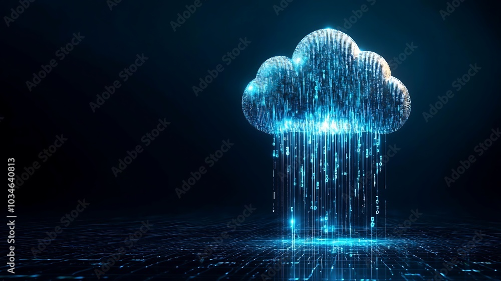 Poster a stunning digital art representation of a cloud emitting streams of data. the glowing binary rain s