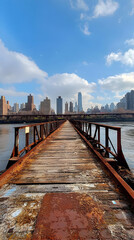Expansive Bridge Over Tranquil River with Urban Skyline in Background