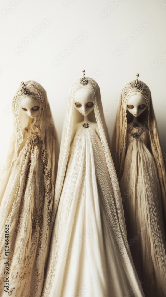 Poster three delicate dolls in soft beige and cream tones with intricate lace detailing stand side by side,