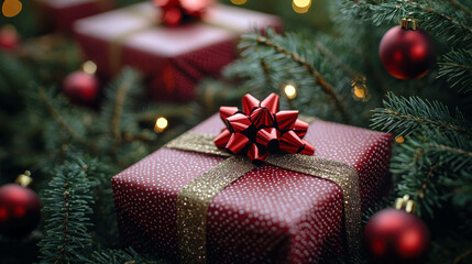 A red box with a gold ribbon and a pine cone on top of it. The box is placed on a tree branch, surrounded by other decorations