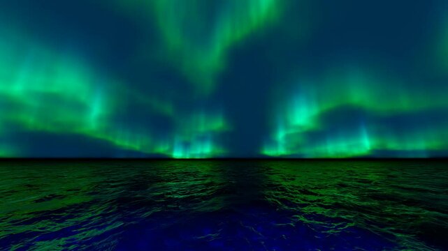 The sea and the northern lights at night.