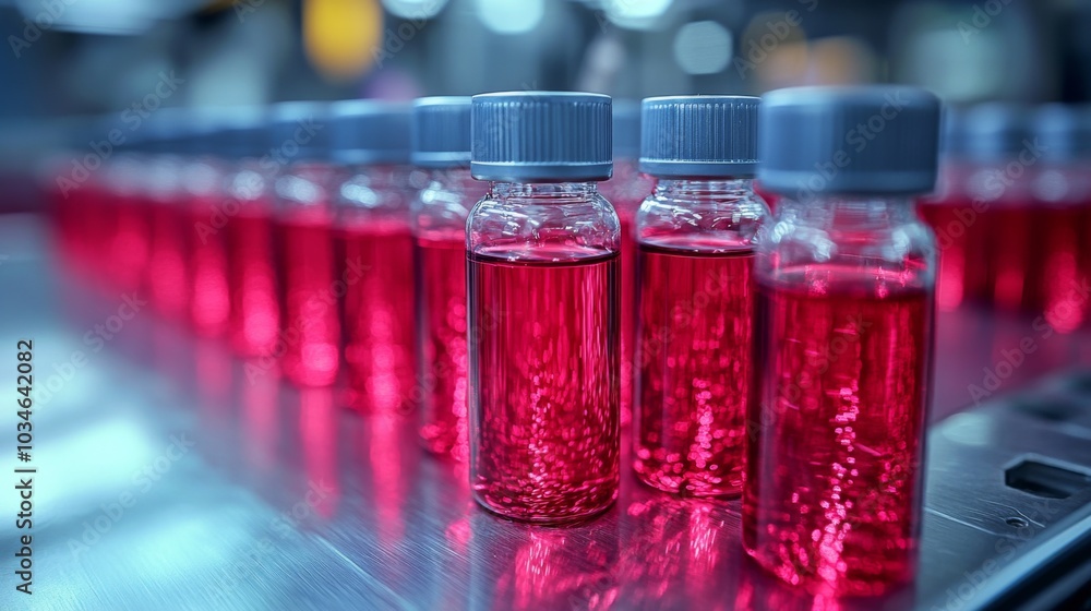 Poster transparent vials filled with vibrant red liquid are neatly arranged on a production line inside a l