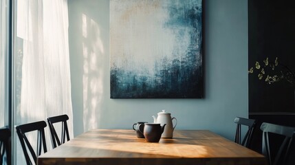 Beautiful interior design for a dining area featuring a wooden family table, black seats, a teapot with a mug, wall-mounted mock-up paintings, and sophisticated accessories for a modern home. 