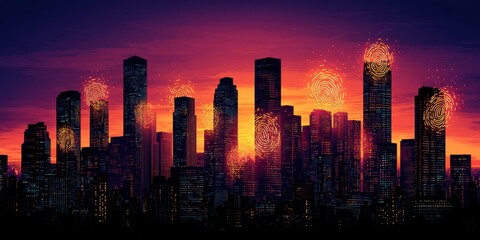 Fototapeta premium Symbolic illustration of a city skyline at sunset with glowing lights and fingerprints on buildings, representing individuality and human identity in urban environments.