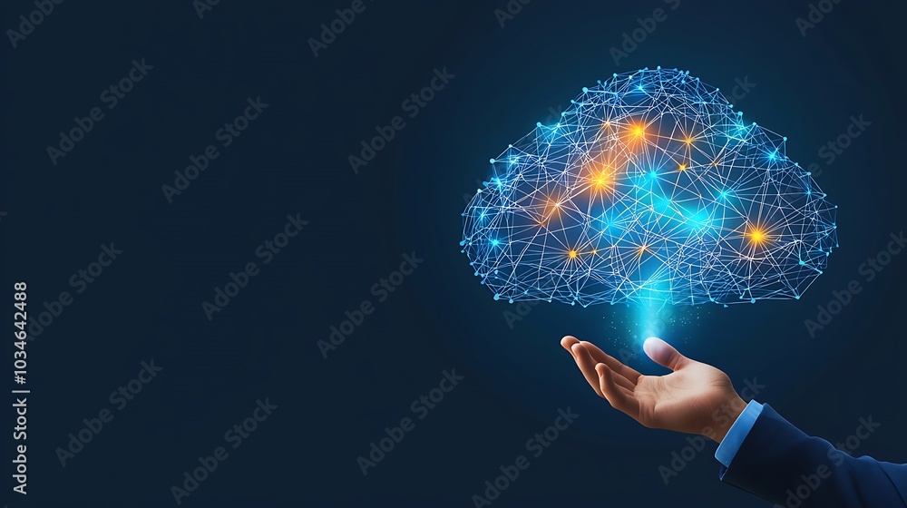 Poster a conceptual image showcasing a digital brain over a hand, symbolizing innovation in cloud technolog