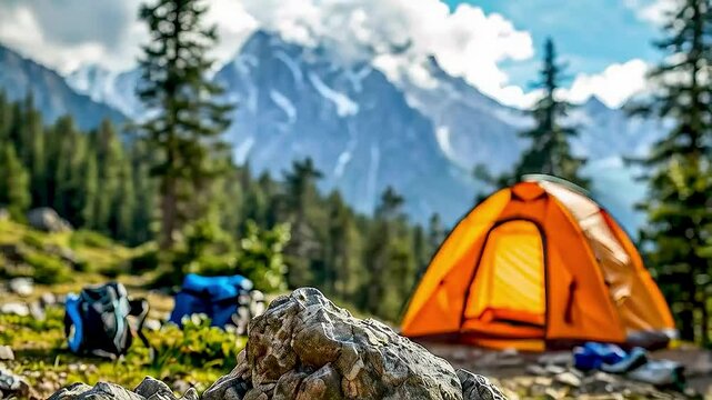 a tent  and  backpacks  in the wilderness.