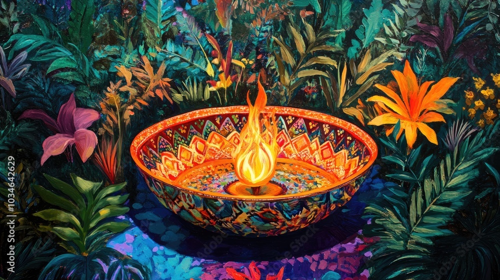 Poster a vividly painted bowl with a dancing flame rests on a colorful textile encompassed by rich greenery