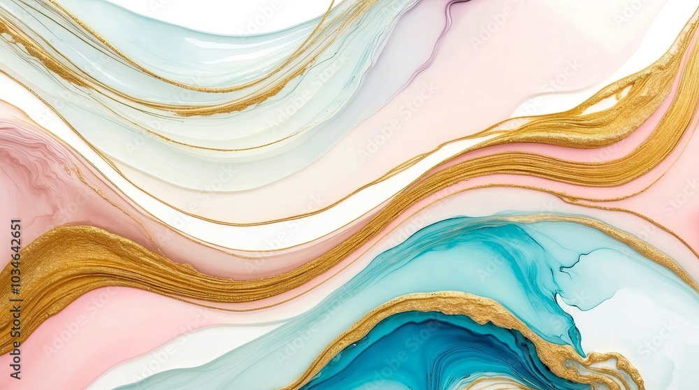 Poster soft flowing abstract lines in pale pink, blue, and gold. the image shows smooth curves creating a c