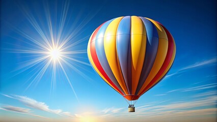 Fototapeta premium A vibrant hot air balloon gracefully ascends against a backdrop of a clear blue sky and a radiant sun, casting shimmering rays of light