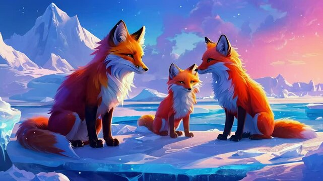 Rainbow Foxes Guard the Ice Land
