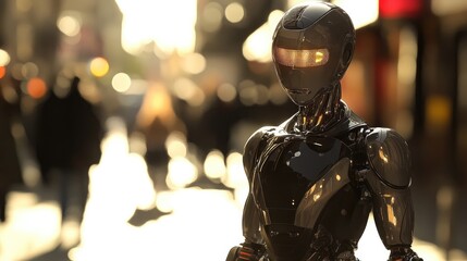 Fototapeta premium A robotic humanoid figure stands on an urban street