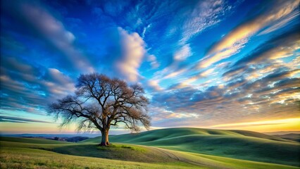 Fototapeta premium A lone tree stands tall against a backdrop of vibrant blue sky and rolling green hills, bathed in the golden glow of a setting sun.