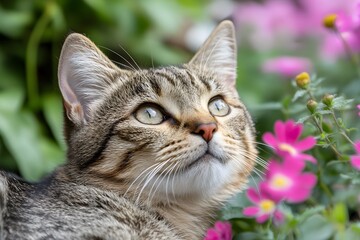 Curious Tabby Cat Looking at Flowers