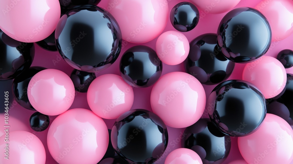 Poster abstract background featuring 3d spheres in black and pink with varying sizes and transparency compl