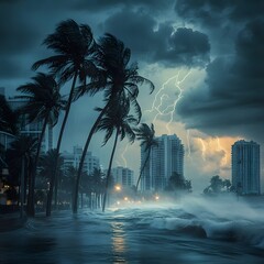 massive hurricane at the coastal city. streets are flooded with rising water. lightning flashes in the dark sky. silhouettes of city’s buildings and palm trees in the background