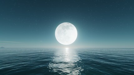 Obraz premium Glowing supermoon rising above calm ocean horizon, casting soft light on water. Clear sky with scattered stars creates serene and magical atmosphere.