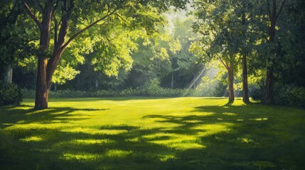Obraz premium Lush summer landscape featuring a sunlit park with a glade of vibrant green grass