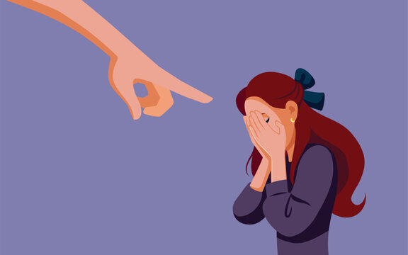 Person Blaming an Unhappy Woman Crying of Shame Concept Illustration. Critical person pointing fingers at a depressed girl
