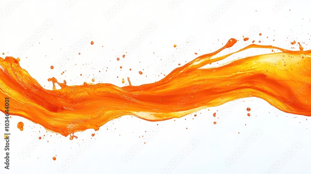 Poster orange wave splash with splatters and droplets on a solid white background