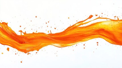 Orange wave splash with splatters and droplets on a solid white background
