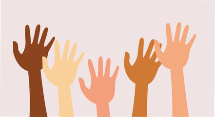 Fototapeta premium Hands of Diverse People Reaching Up in the Air Vector Design. Volunteers from all over the world worked helping for social causes 
