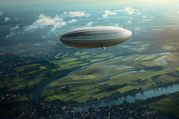 Naklejka premium Majestic Zeppelin Airship Soaring Above Serene Landscape with Lush Green Fields and Winding Rivers Below