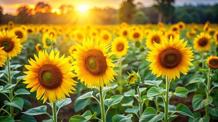 Fototapeta premium Golden Sunflowers Basking in the Warm Glow of Sunset, Their Faces Turned Towards the Sky, a Symbol of Hope and Joy