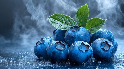 Generative AI Image of Fresh Blueberries Floating in Dark Pale Blue Hues Background with Smooth Fume