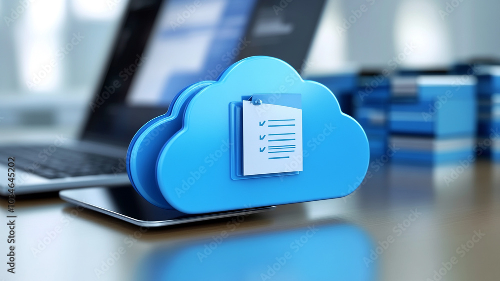 Poster cloud storage solution on laptop with checklist and digital documents during workday