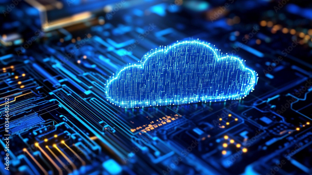 Poster digital cloud technology representation over a circuit board design with glowing blue elements