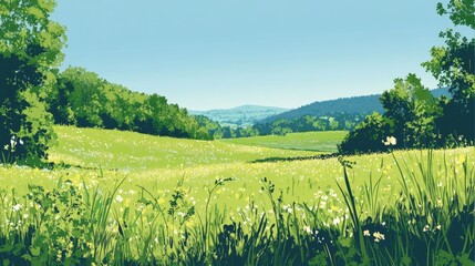 Fototapeta premium Blue green summer landscape featuring a rural meadow with lush grass vibrant plants and a clear sky