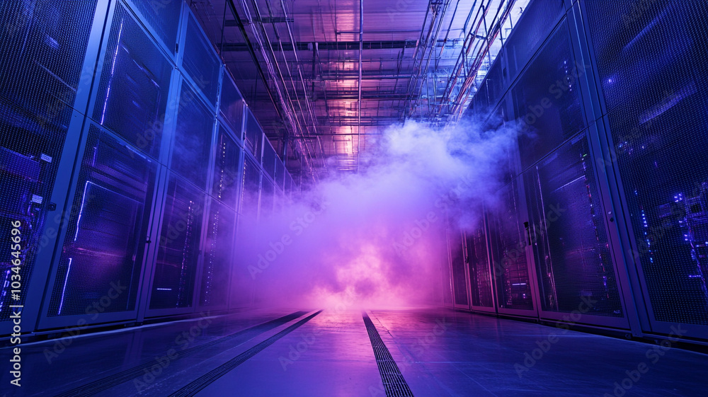 Poster a colorful display of fog and lighting in a modern data center during the night